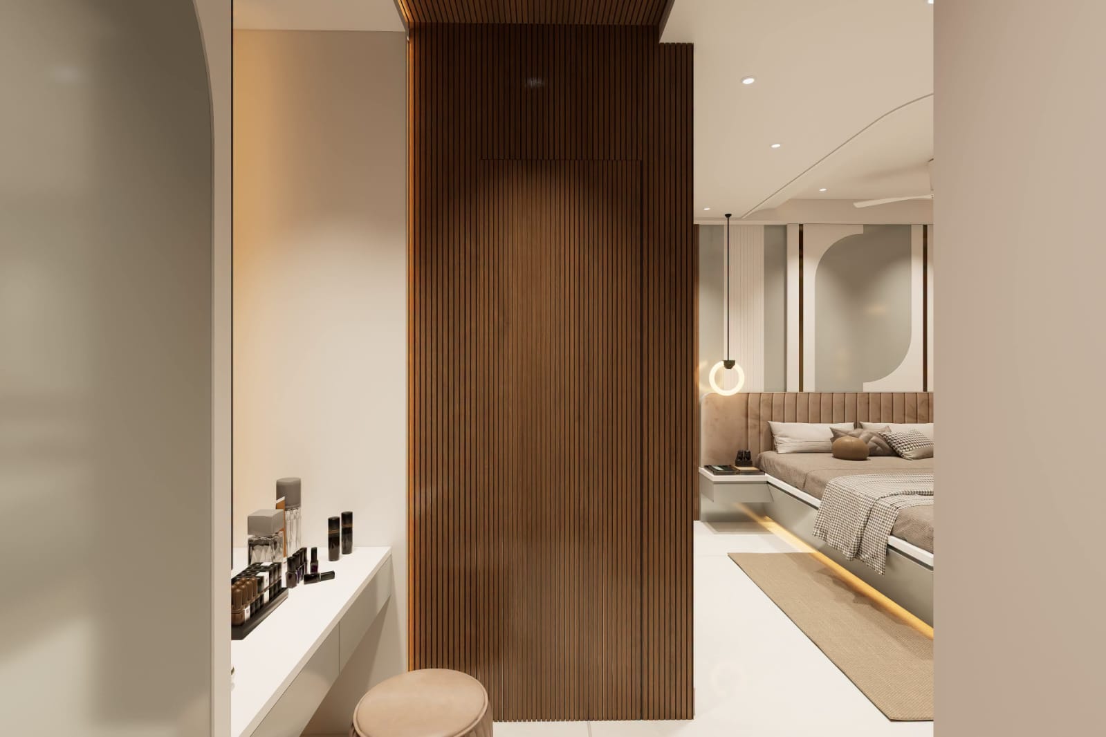 Dressing Vanity & Fluted Walnut Partition Wall